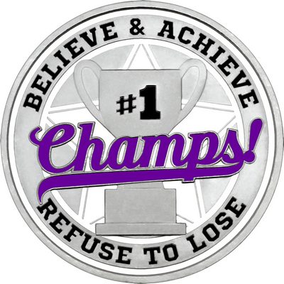 Purple "Champs!" with White Outer Circular Borders